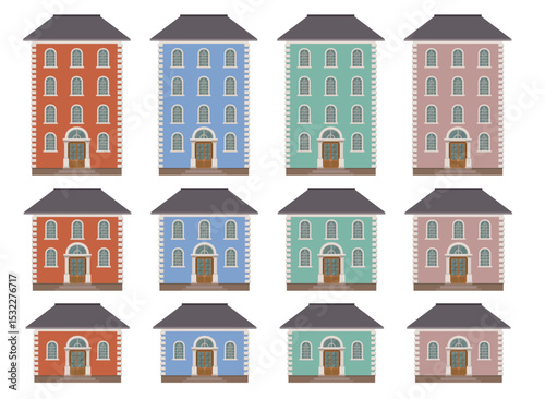 Collection of building illustrations featuring various colors, shapes and sizes, each with classical architectural elements and consistent design.