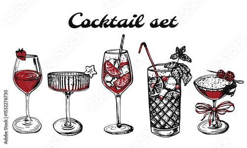  Bar illustration. Set of 5 hand drawn cocktails in line art style. Collection of sketches of alcoholic drinks in red and black tones