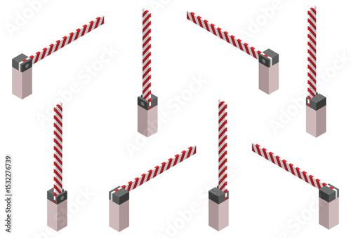 Isometric view of multiple striped barriers, some are upright, and some are horizontal, symbolizing restrictions and security measures.