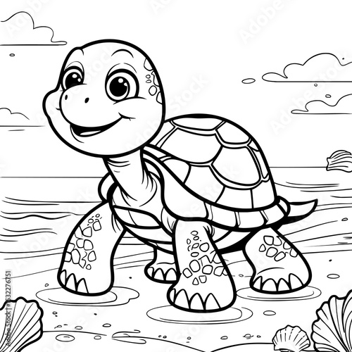Adorable Cartoon Sea Turtle Smiling on the Sandy Ocean Shore