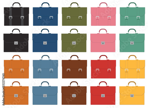Colorful briefcases are arranged in a grid, showcasing a variety of designs and hues for carrying business documents and essentials.