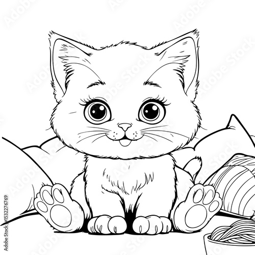 Cute Fluffy Kitten Sitting Indoors Surrounded by Pillows and Yarn