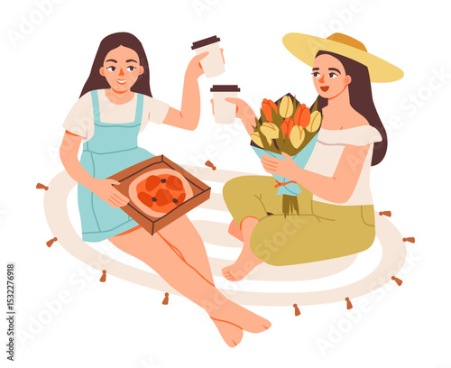 Womans friends enjoying pizza on a picnic blanket. Summer picnic. Flat vector illustration.