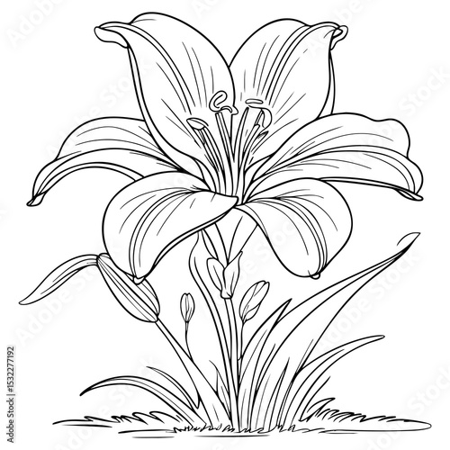 Detailed Lily Flower with Buds and Leaves Coloring Page