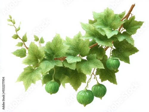 Illustration of a Branch of Gooseberry Bush with Green Berries