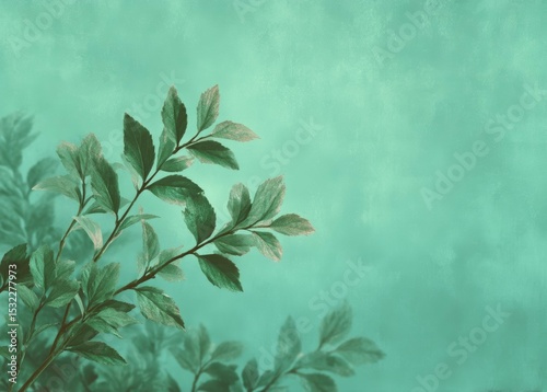 Green Leaves on Mint Teal Background