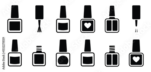 Nail Polish Bottle Icons Set Black and White Vector Illustration