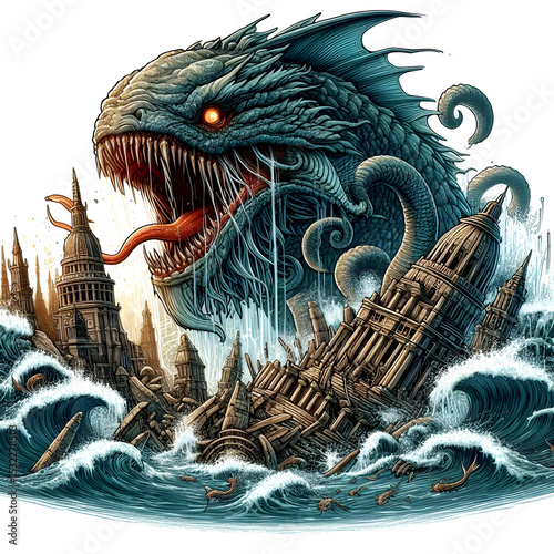 Giant sea monster Leviathan destroys ancient underwater ruins of a cursed lost city