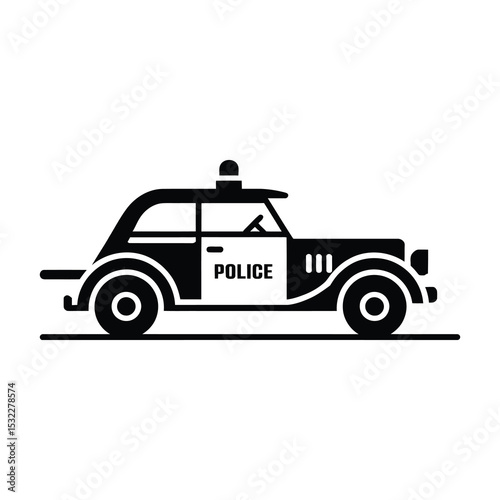 Vintage police car icon black and white illustration