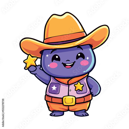 Cute Purple Cowboy Sheriff Vector Character Sticker Design with Yellow Hat
