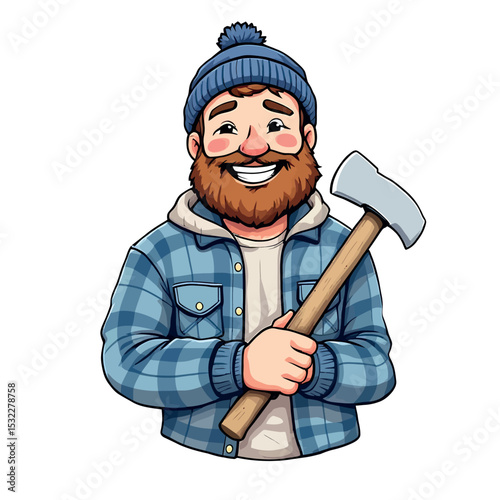 Cartoon Lumberjack Character with Axe Vector Sticker Design for Modern Use