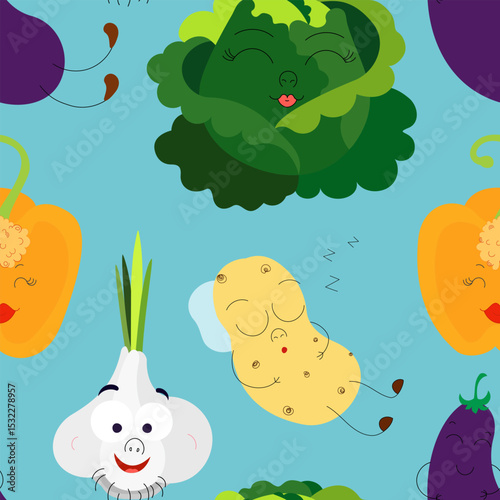 Cute Cartoon Vegetable Characters Seamless Pattern