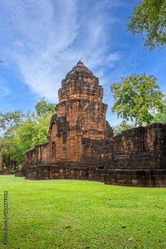 Ancient temple Mueang Sing castle in Kanchanaburi Thailand with stone architecture and green lawn