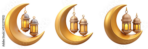 Set For Golden crescent moons with glowing lanterns, isolated on transparent background