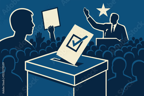Illustration of a crowd, ballot box, and political leader emphasizing the power of voting