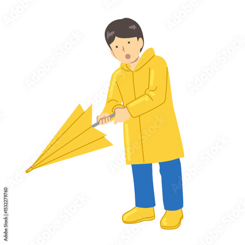 雨具と傘を持つ少年のイラスト