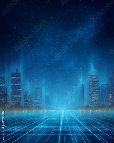 Futuristic Cityscape at Night with Digital Grid