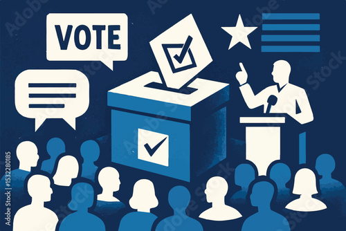 Vote graphic with a speaker, ballot box, and public participation message