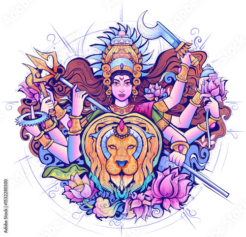 Goddess Durga in Happy Durga Puja Subh Navratri Indian religious background design
