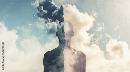 Double exposure silhouette of person merged with dramatic cloudy sky representing dreams and spiritual connection