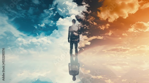 Double exposure silhouette of person merged with dramatic cloudy sky representing dreams and spiritual connection