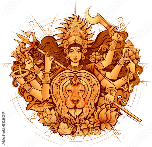 Goddess Durga in Happy Durga Puja Subh Navratri Indian religious background design