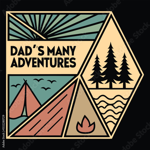 "Dad's Many Adventures" Geometric Hexagon Outdoor Scenes T-Shirt Design