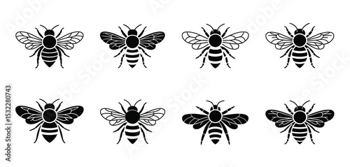 Eight Black and White Bee Silhouettes Collection