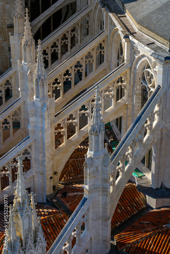 Cathedrale Saint-Andre gothic roofline, flying buttresses, spires, and intricate architectural details. View from The Tour Pey Berland observation deck. Bordeaux, Gironde, Nouvelle-Aquitaine, France.