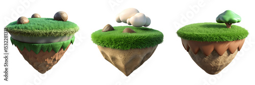 Set For cartoon floating islands with grass, rocks, tree, and clouds isolated on transparent background