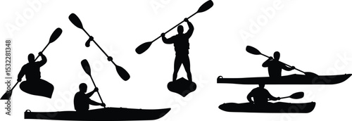 kayak, paddle, silhouette, adventure, vector, water, sport, boating, canoe, man, action, recreation, outdoor, touring, travel
