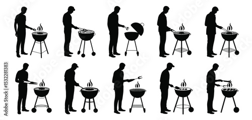 Ten Silhouettes of Men Grilling on Barbeques