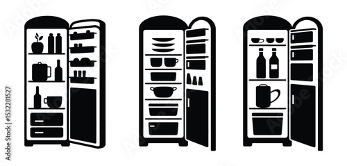 Three Open Refrigerators with Different Food and Drink Items