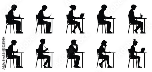 Silhouette Collection Diverse Students Studying at Desks