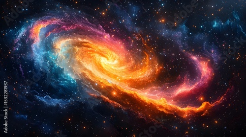A dynamic cosmic nebula swirling in a dramatic galactic formation, exhibiting a stunning array of colors including fiery oranges, reds, cool blues, and purples, all set against a star-filled deep spac