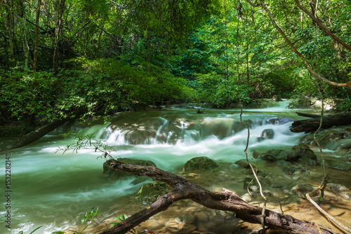 Flowing jungle stream in tropical rainforest at Huay Mae Khamin National Park, Kanchanaburi, Thailand