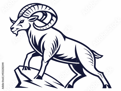 Powerful Ram Standing on a Rock, Ideal for Logos and Sports Teams
