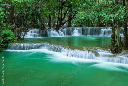 Tropical tiered waterfall with emerald water in lush forest, Huay Mae Khamin National Park, Tier 2 Man Khamin, Kanchanaburi, Thailand