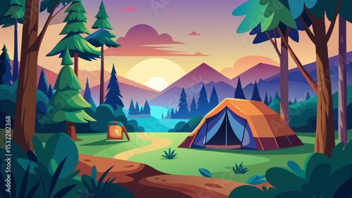 camping tent in forest with mountain view at sunset illustration

