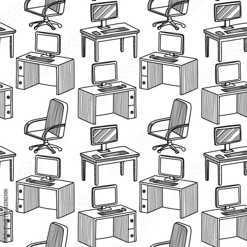 Seamless vector pattern featuring desks and office chairs suitable for various design projects