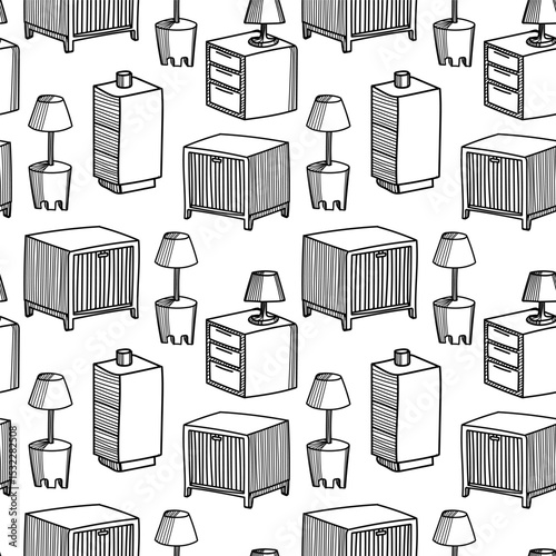 Seamless vector pattern featuring various furniture pieces including tables and lamps designed for interior decor