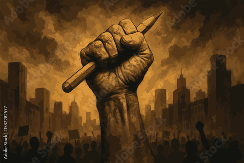 Powerful hand gripping a pencil in protest, symbolizing change and empowerment