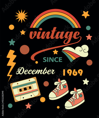 Vector illustration set of retro music and colorful vintage food icons 1969  