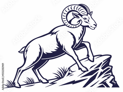 Powerful Ram Standing on a Rock, Ideal for Logos and Sports Teams