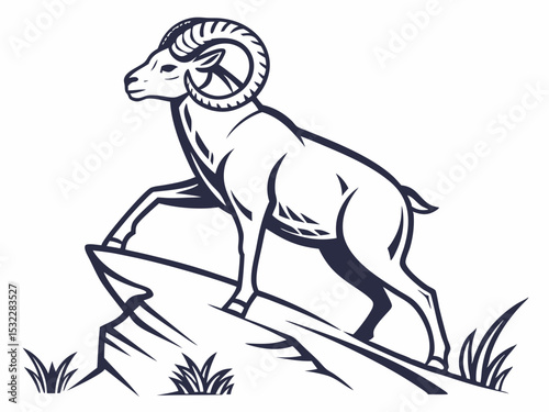 Powerful Ram Standing on a Rock, Ideal for Logos and Sports Teams