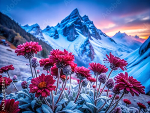 Mountain Landscape with Red Flowers