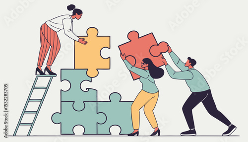 Business Teamwork concept. Contemporary flat style abstract vector illustration of a group of diverse people putting together a huge puzzle details. Isolated on background                       