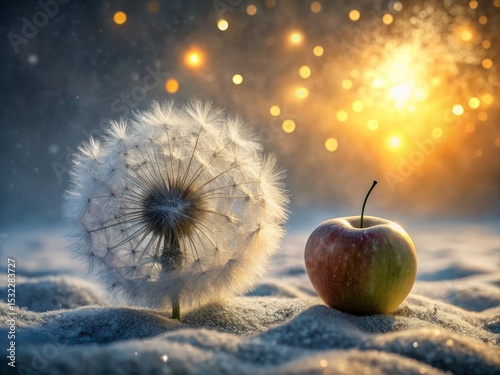 Dandelion Seed Head and Apple in Winter Snow