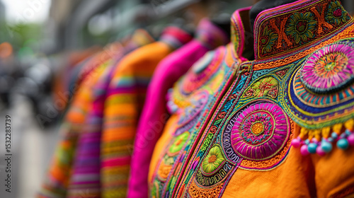 Close-up of vibrant, traditional, hand-embroidered ethnic jackets displayed at a cultural market during the Carnival of Cultures