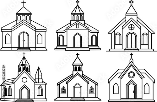 Set of chapel outline vector illustration line art